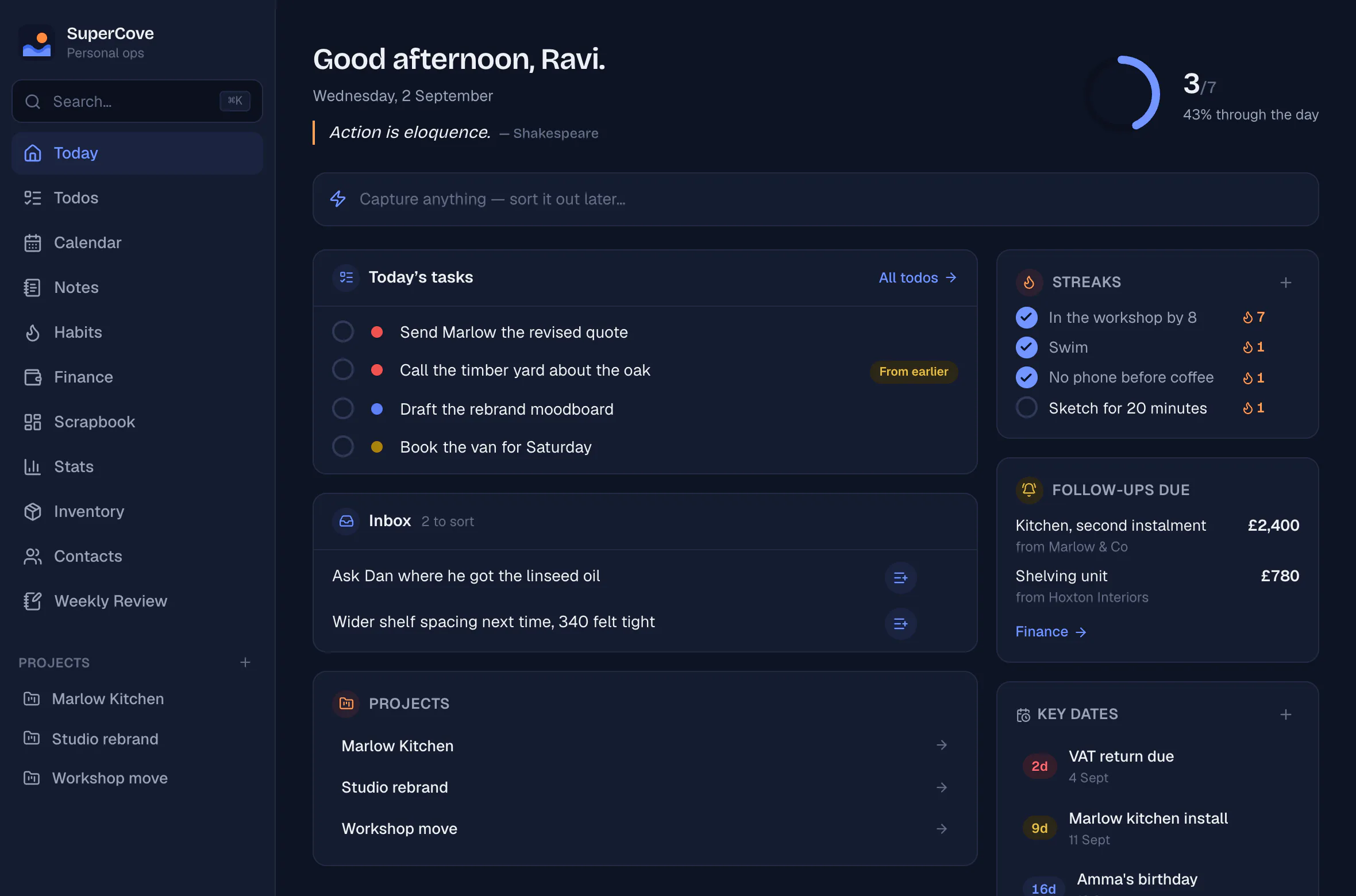 The dashboard in dark mode, showing the same day's tasks, inbox and follow-ups.