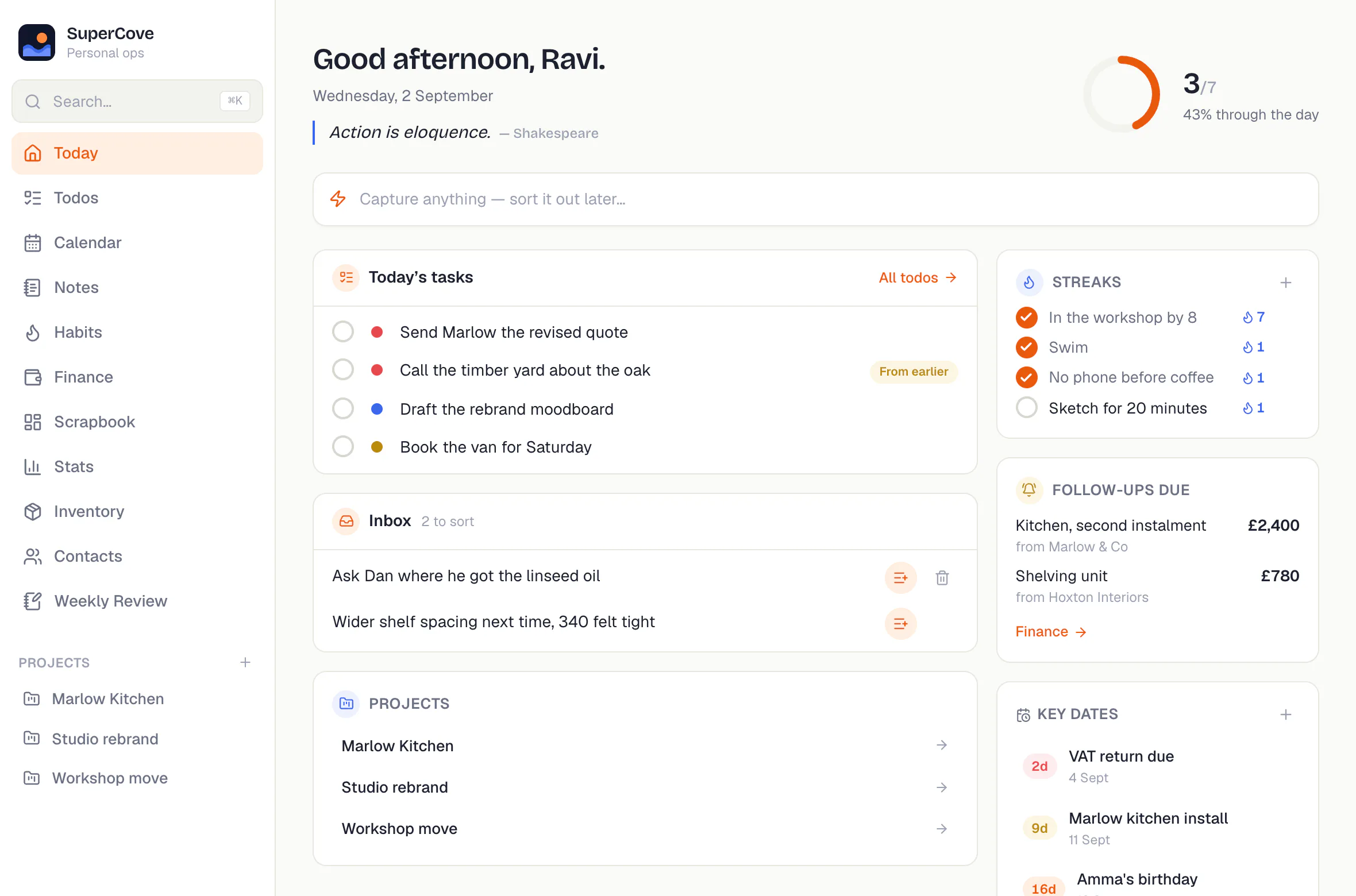 The SuperCove dashboard: today's tasks, a capture bar, habit streaks, payment follow-ups and upcoming key dates.