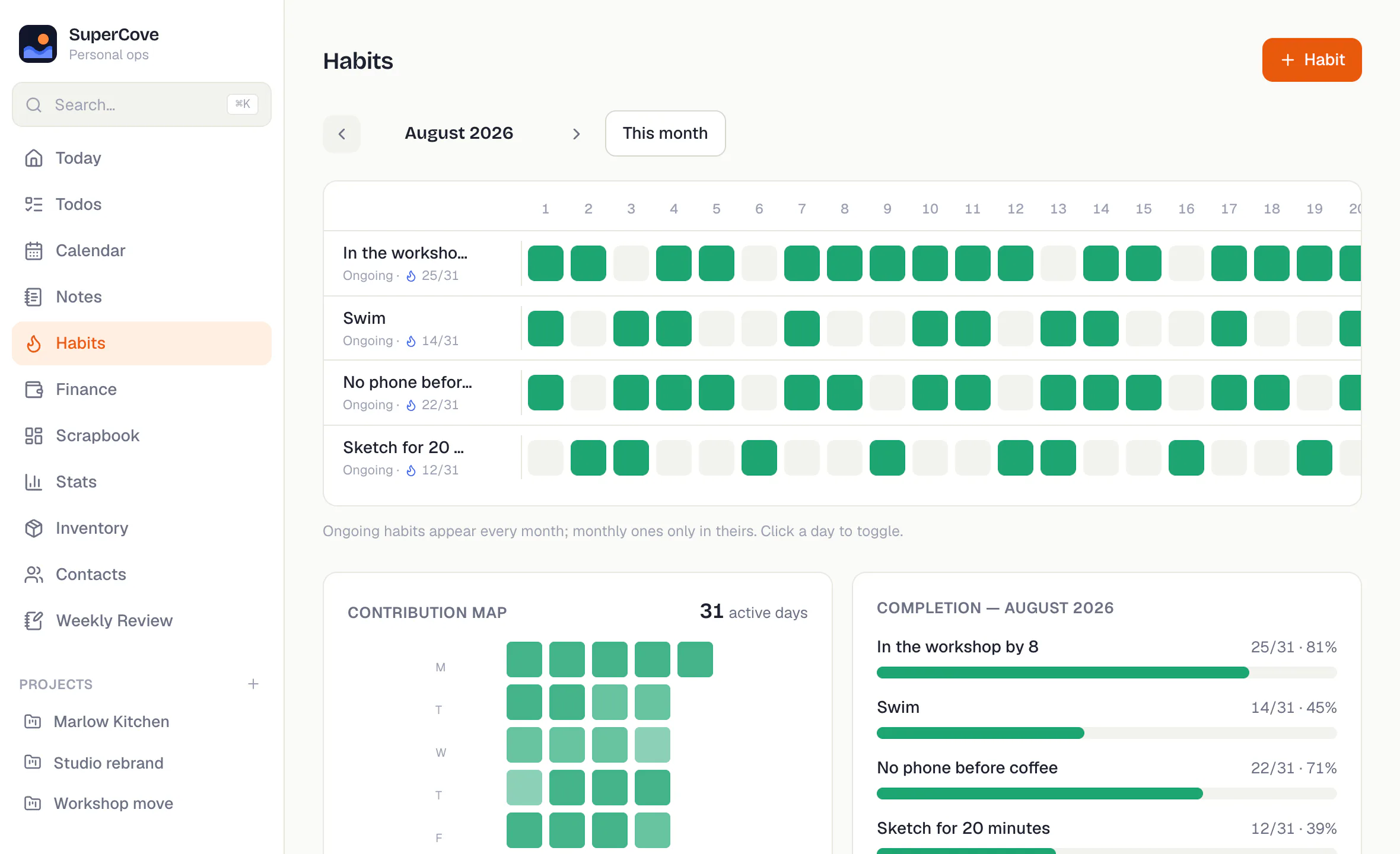 A month of habit checks as a grid, with a contribution map and per-habit completion bars.