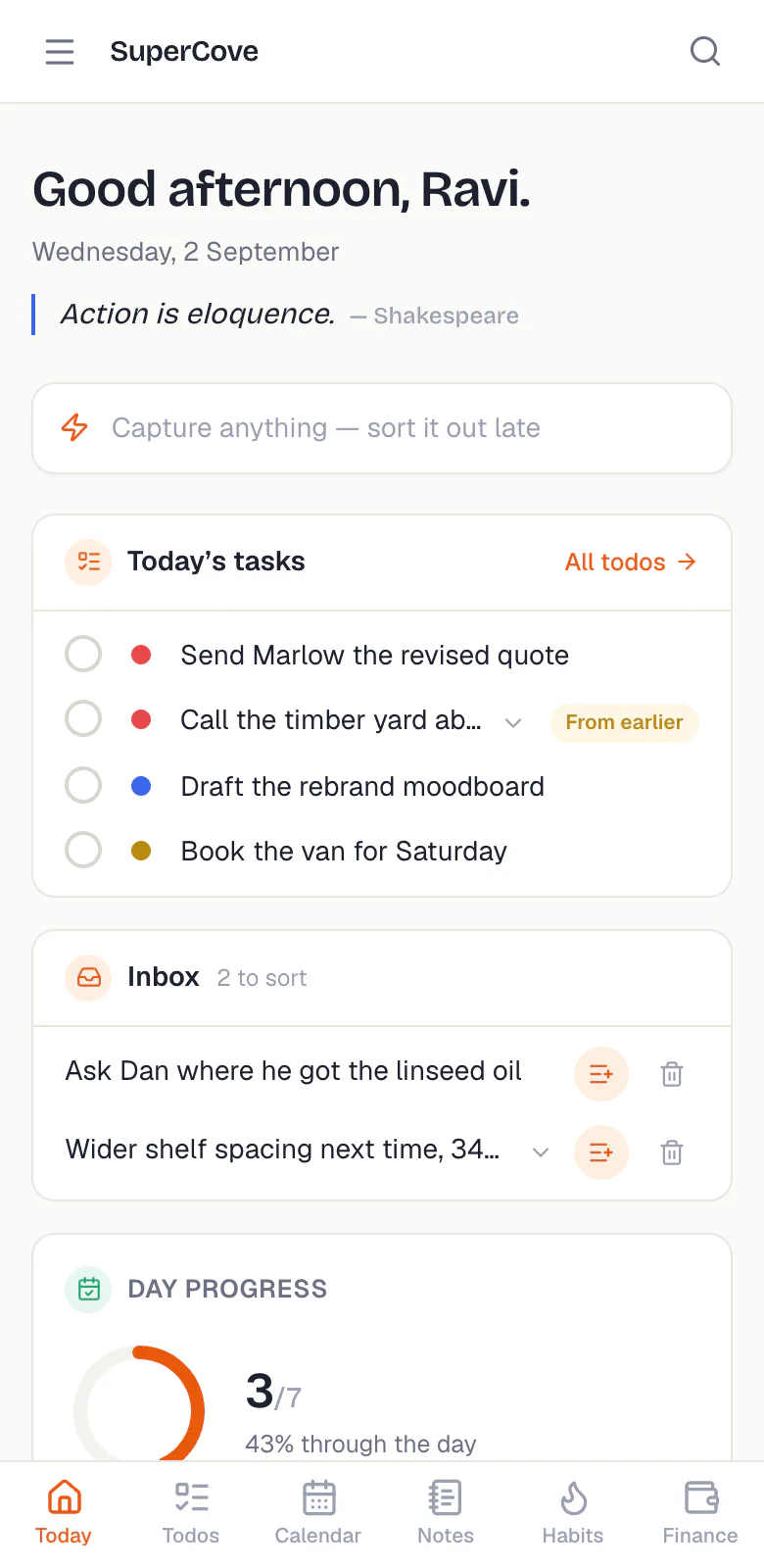 SuperCove on a phone, with a bottom navigation bar and the day's tasks.